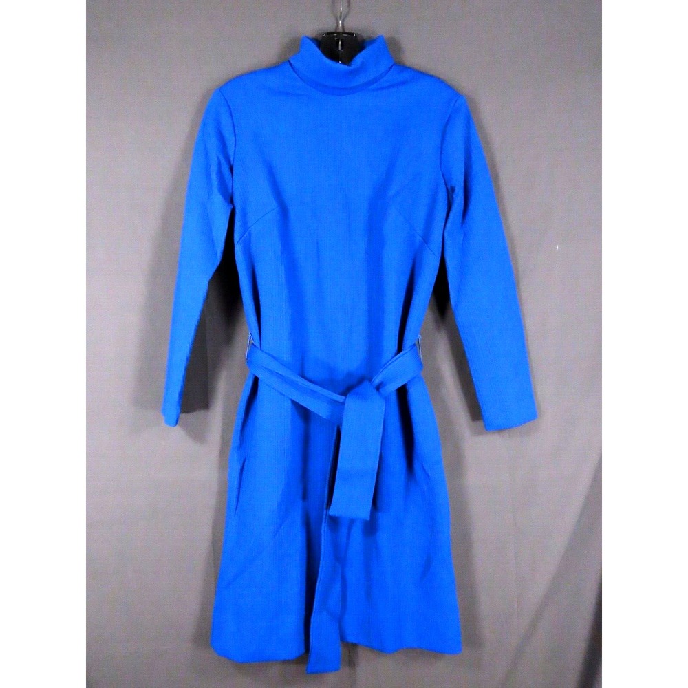 VTG Dark Blue STRIPE TEXTURE POLY KNIT Turtleneck Shift Dress w/TIE BELT M/L